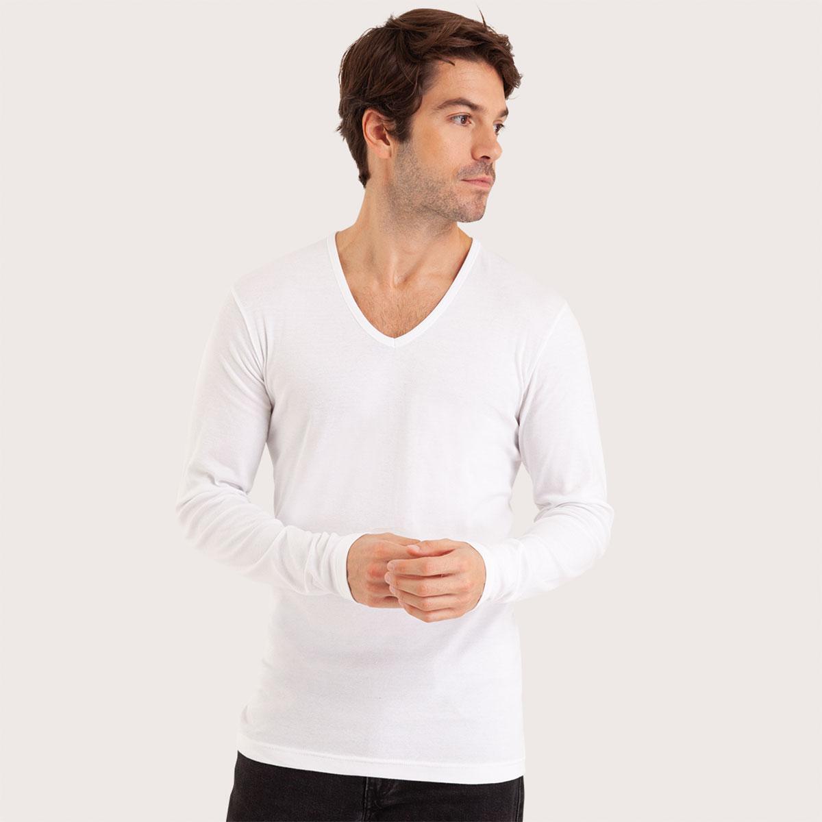 Tee-shirt col V manches longues homme Pur coton Eminence