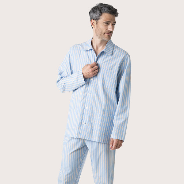 Eminence Pyjama long col V Coton Bio Bleu (Bleu) - Vêtements chez