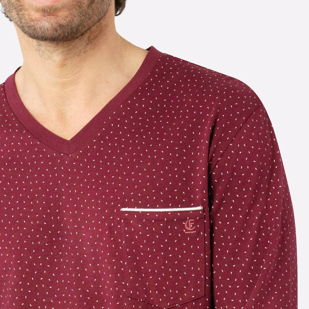 Pyjama long col v mercerise imprimé bordeaux Eminence | La Redoute